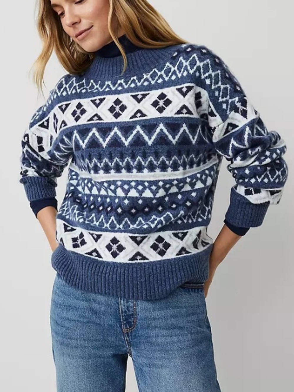 Ann Taylor XL Blue White Fair Isle Mock Neck Knit Pullover Sweater Nordic Ski